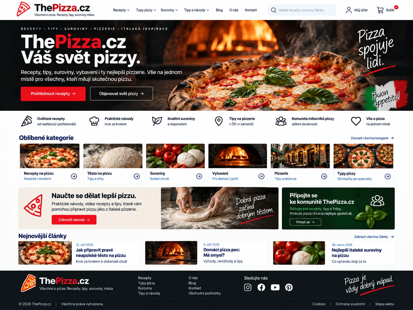 Ilustrační návrh portálu ThePizza.cz s recepty, surovinami a přehledem pizzerií